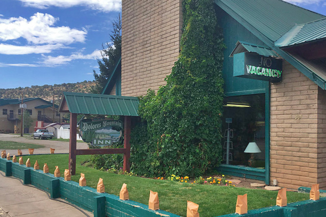 Office entrance at Dolores Mountain Inn in Dolores, Colorado.