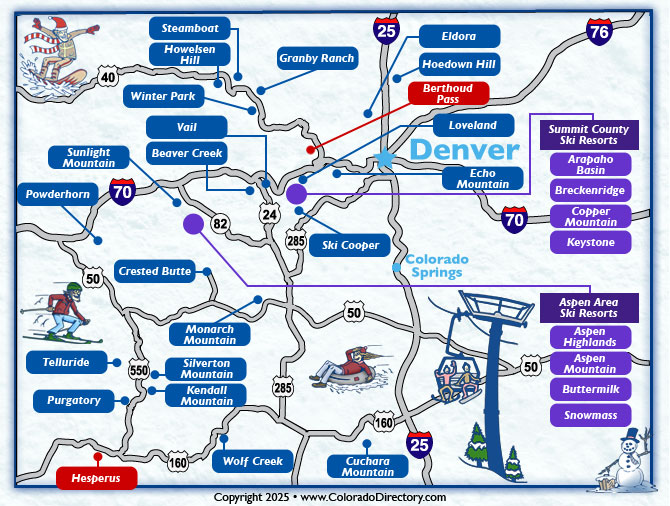 Colorado Skiing and Snowboarding Resorts Map, Colorado Ski Towns Map.