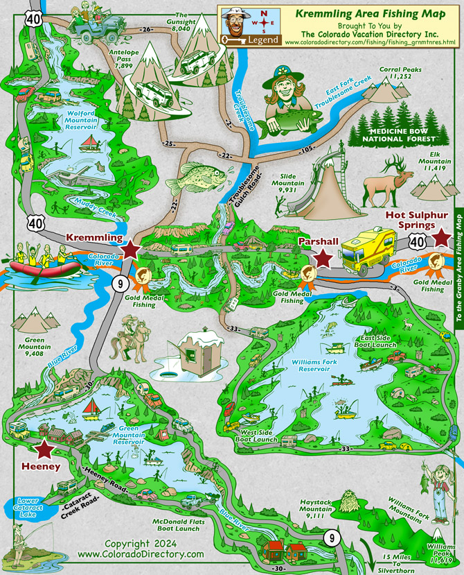 Fishing map for the Green Mountain Reservoir, the Williams Fork Reservoir, the Gold Medal Fishing area of the Colorado River and Wolford Mountain Reservoir in and around Kremmling, Parshall, Heeney, and Hot Sulphur Springs Colorado