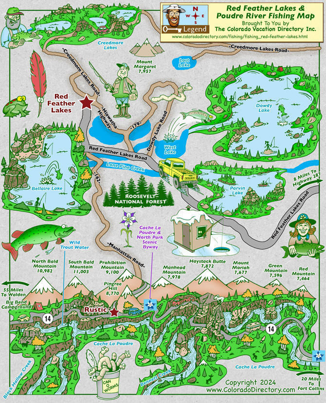 Fishing map for the Red Feather Lakes and Poudre River, Colorado