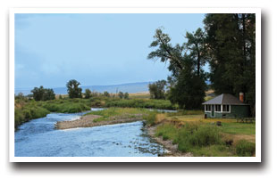 A small green cabin near the Nelson-Prather river access point in Colorado