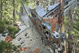 Close-up of the US Air Force Lockhead T-33 plane crash remains along Bunce School Road near Lyons, Colorado.