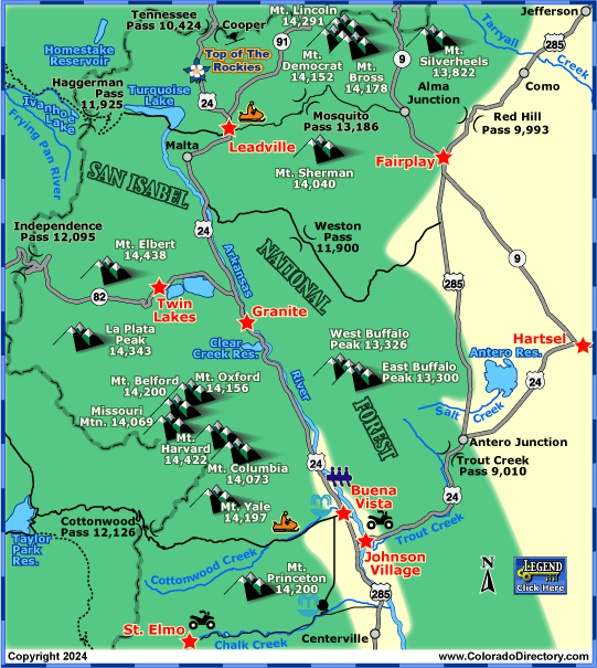 Map of Buena Vista, Park County, and Leadville areas in Colorado.