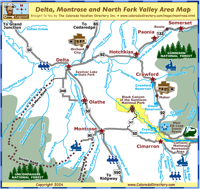 Delta, Montrose and North Fork Valley Area Map including Somerset, Paonia, Hotchkiss, Crawford, Olathe and Cimarron, Colorado.