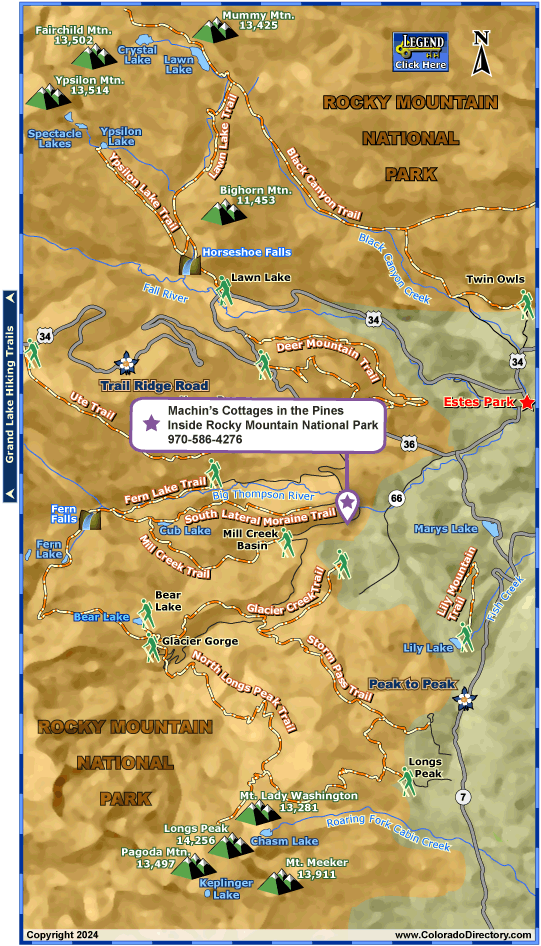 Estes Park and Rocky Mountain National Park Hiking Trails Map, Colorado