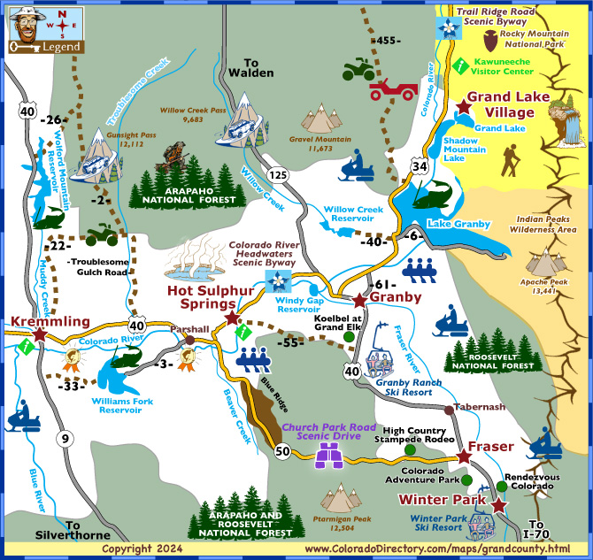 Grand County Area Map, Recreational Activities, Scenic Byways and Drives, Colorado.