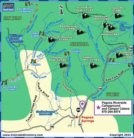 Pagosa Springs Waterfall Hiking Trails Map, Colorado.