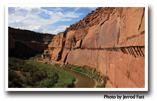 The Hanging Flume hugs the cliff wall along the San Miguel Rver, Photo By Jerrod Fast