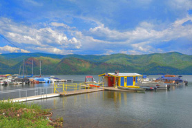 Boats on the docks at Vallecito Lake in Durango, Colorado