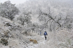 Winter hiking snow scene at Buenos Aires National Wildlife Refuge in Browns Canyon National Monument, Colorado