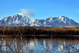 Beautiful view of the Spanish Peaks and Wahatoya Lake Reservoir, Colorado