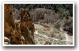 View of hiking trails at Bandelier National Monument in New Mexico.