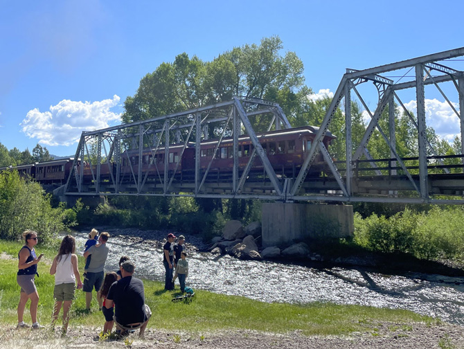 Cumbres and Toltec Narrow Gauge Train crossing suspended bridge near Rio Chama RV Park located in Chama, New Mexico.