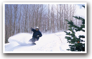 Snowboarder in powder at Sunlight Mountain Resort near Glenwood Springs, Colorado.