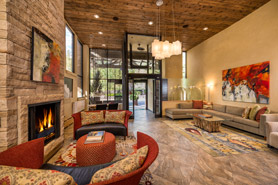 Luxurious open lobby at Vail's Mountain Haus at the Covered Bridge located in Vail, Colorado.